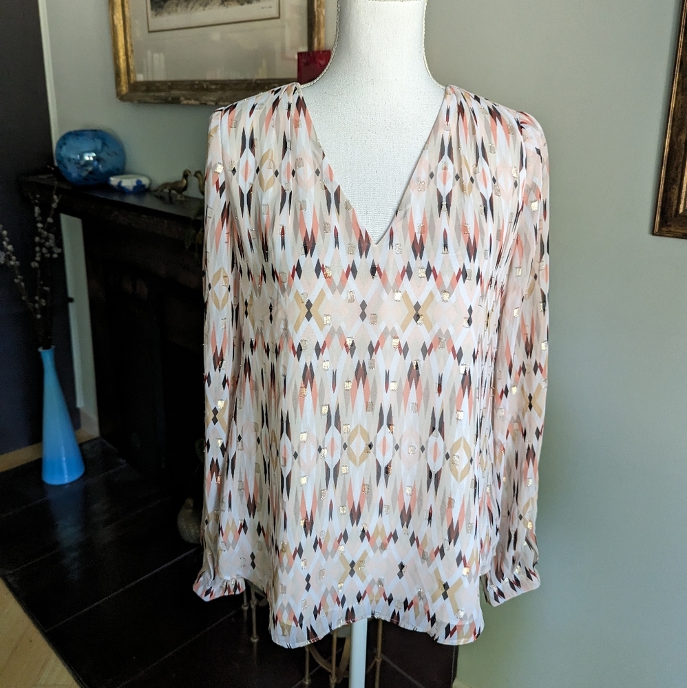 WHITE HOUSE BLACK MARKET Wmns 2 Diamond Pattern Metallic Blouse Slit Sleeve 128